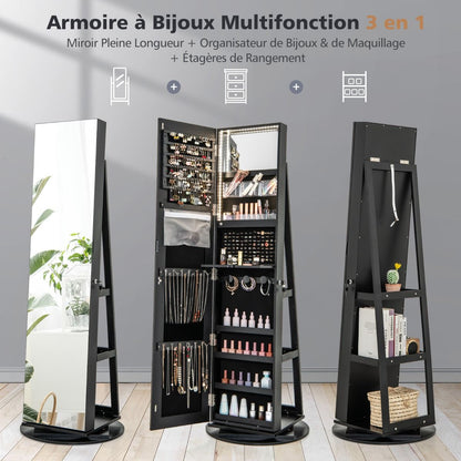 Armoire À Bijoux Pivotante À 360°Avec Lumières LED 3 Couleurs Miroir Pleine Longueur Et Étagère 3 Niveaux En Arrière 10 Couleurs Au Choix