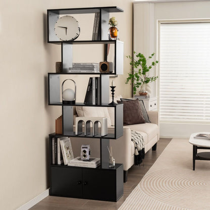 Bibliothèque Étagère Échelle En Bois À 6 Niveaux Avec 2 Portes 70X23X183 Cm Style Moderne Forme En S Marron Rustique/Blanc/Noir