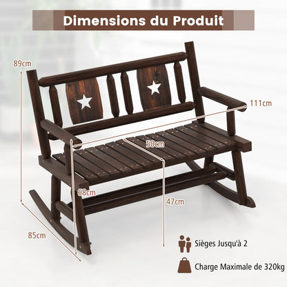 Banc À Bascule De Jardin En Bois Carbonisé 2 Personnes Siège À Lattes Dossier Ergonomique Charge 320KG Terrasse Piscine
