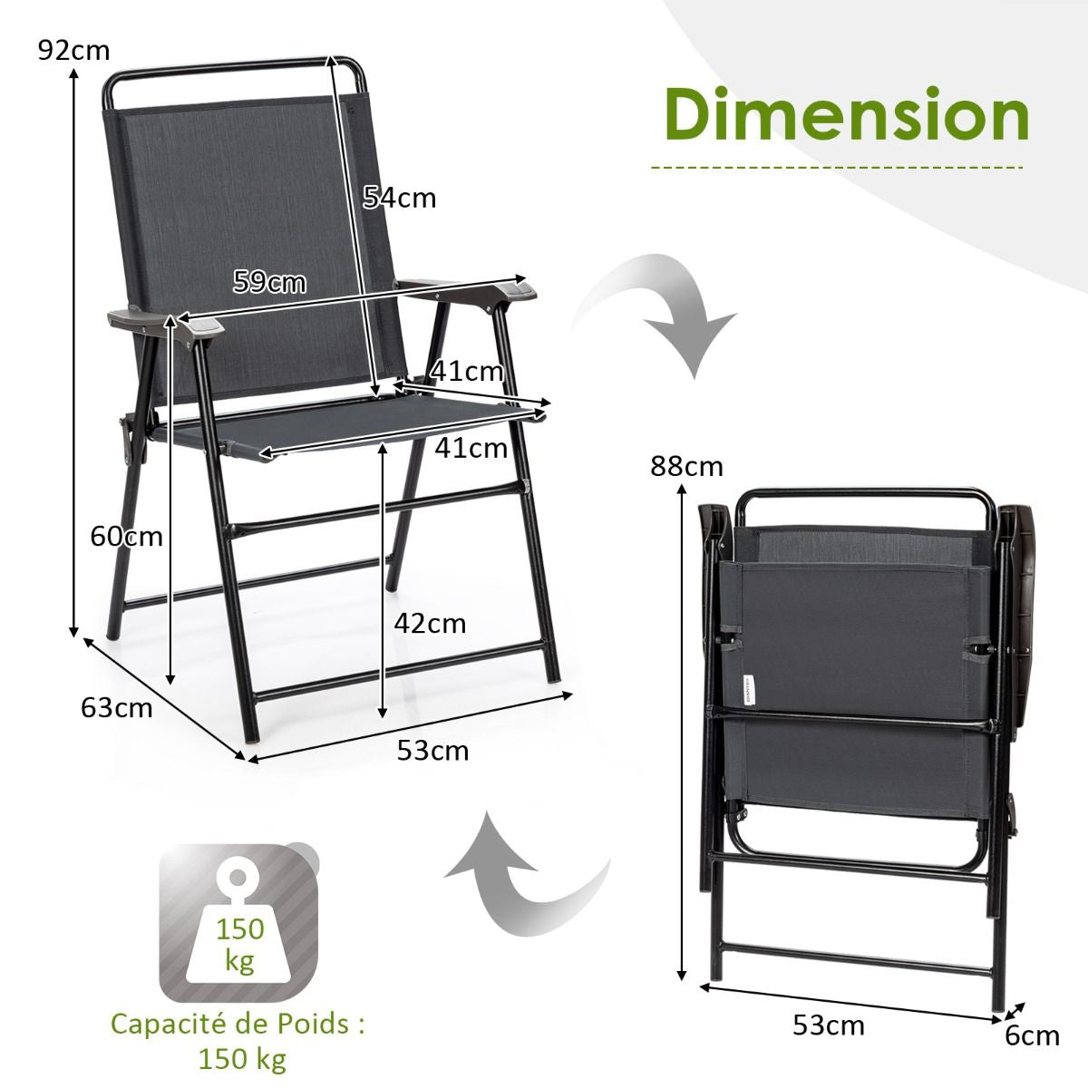 Lot De 4 Chaises Fauteuils De Jardin Pliantes En Textilène Accoudoirs Patins Antidérapants Charge 150KG Gris