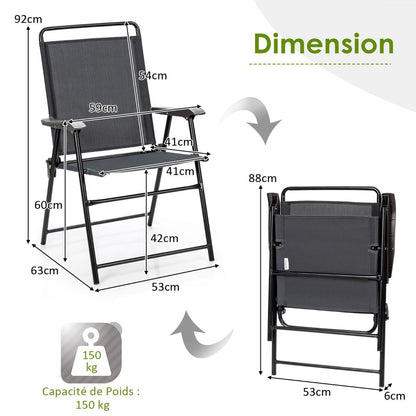 Lot De 4 Chaises Fauteuils De Jardin Pliantes En Textilène Accoudoirs Patins Antidérapants Charge 150KG Gris
