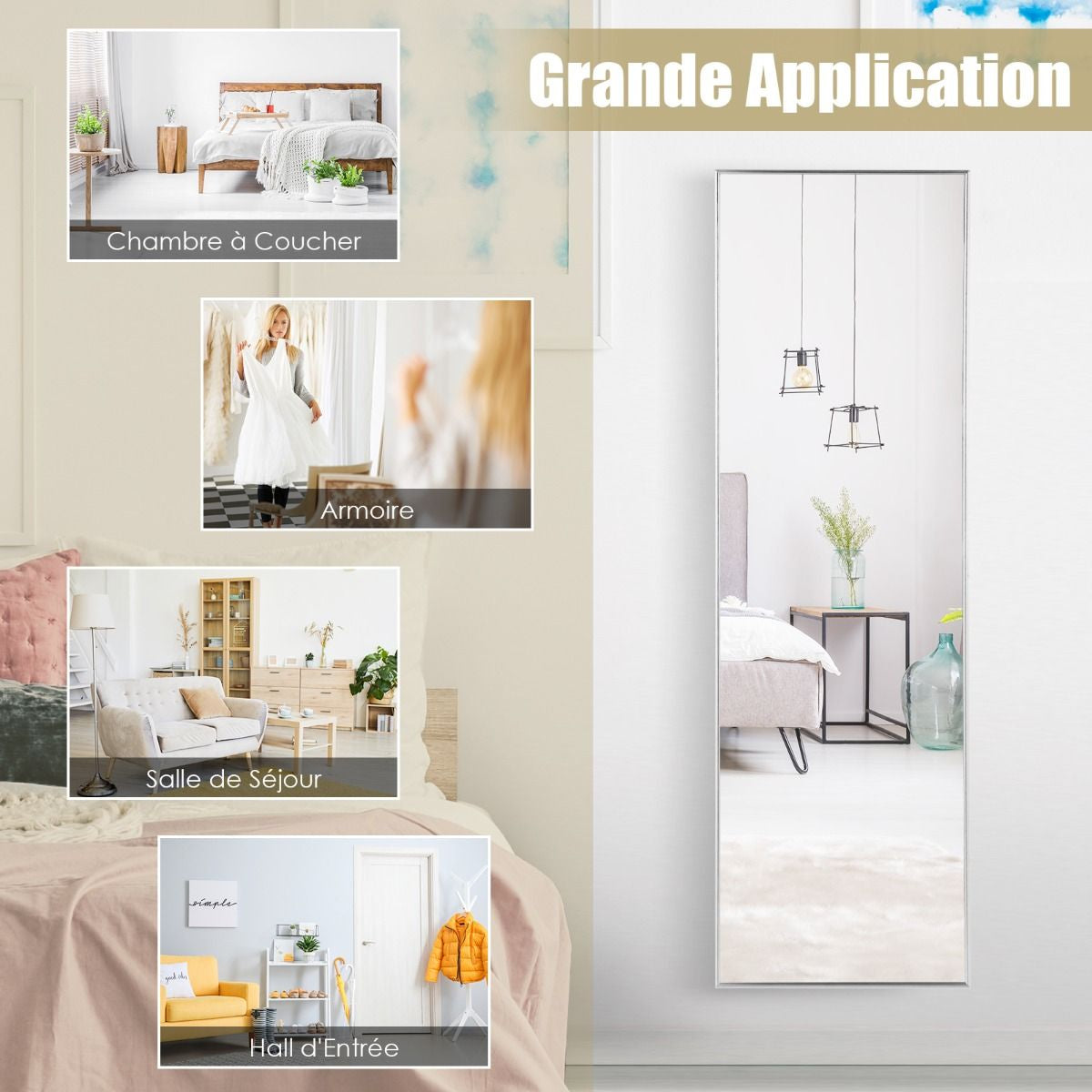 Miroir HD Psyché Mural Miroir Rectangulaire De Grand Format H 120 X L37 CM Cadre Argent En Alliage D'Aluminium Noir/Argent/Or