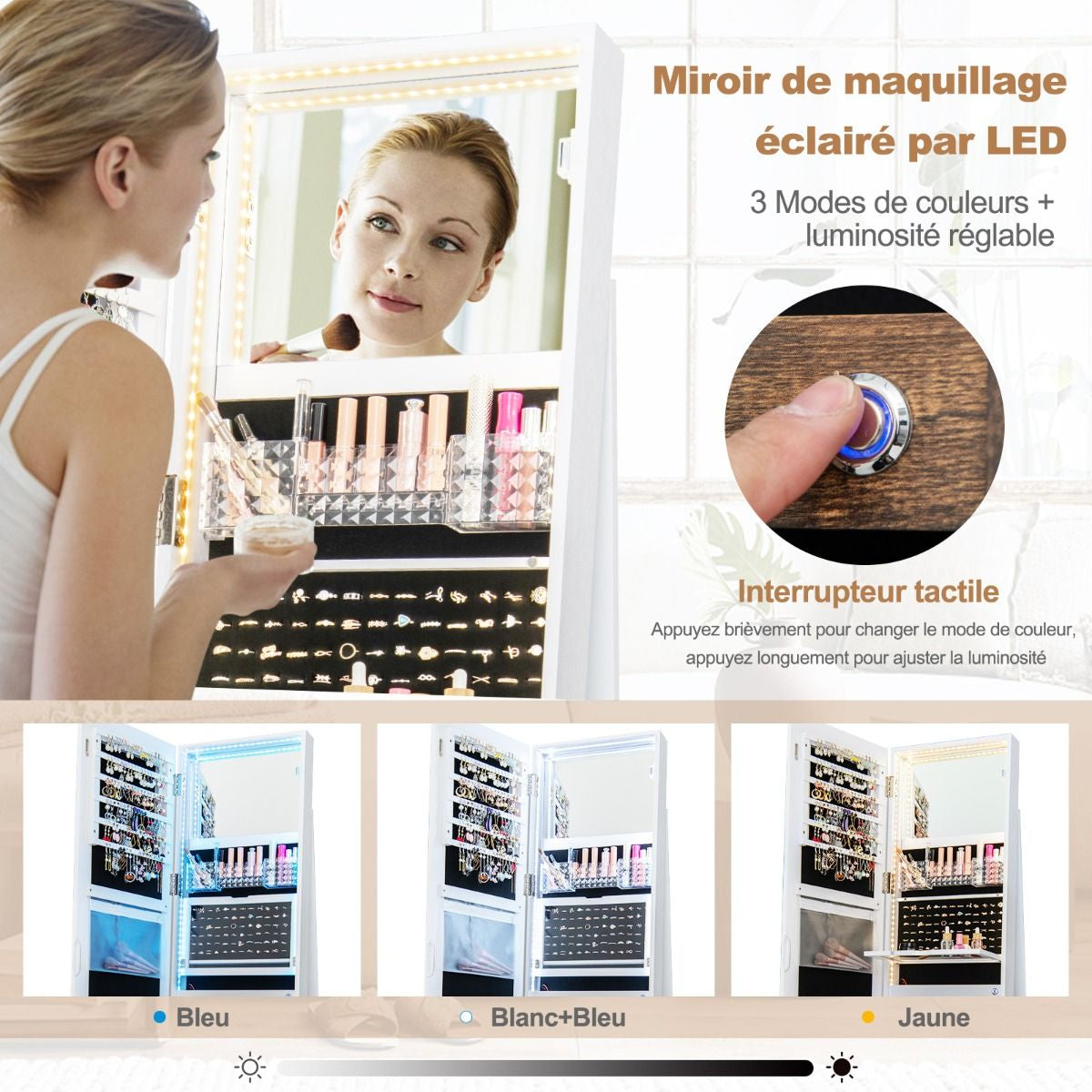 Armoire À Bijoux Avec Miroir Sur Pieds Pivotant 360° Grand Miroir Psyché Sans Cadre Avec LED Verrouillable Placard Beauté 3 Étagères Blanc/Café