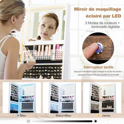 Armoire À Bijoux Avec Miroir Sur Pieds Pivotant 360° Grand Miroir Psyché Sans Cadre Avec LED Verrouillable Placard Beauté 3 Étagères Blanc/Café