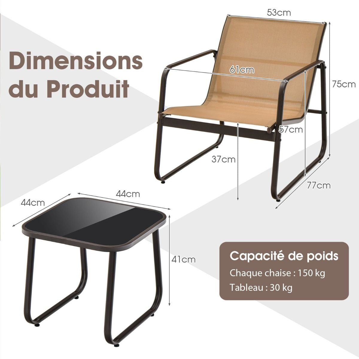 Salon De Jardin 3 PCS En Textilène Anti-Uv Table Basse En Verre Trampé Cadre En Métal Marron/Noir