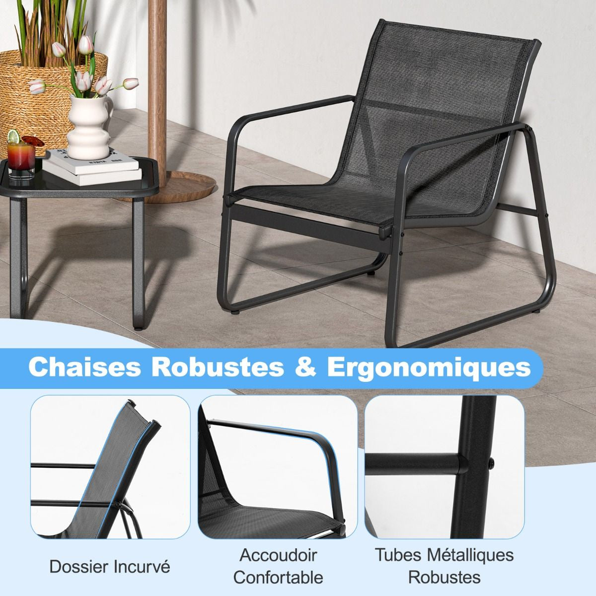 Salon De Jardin 3 PCS En Textilène Anti-Uv Table Basse En Verre Trampé Cadre En Métal Marron/Noir
