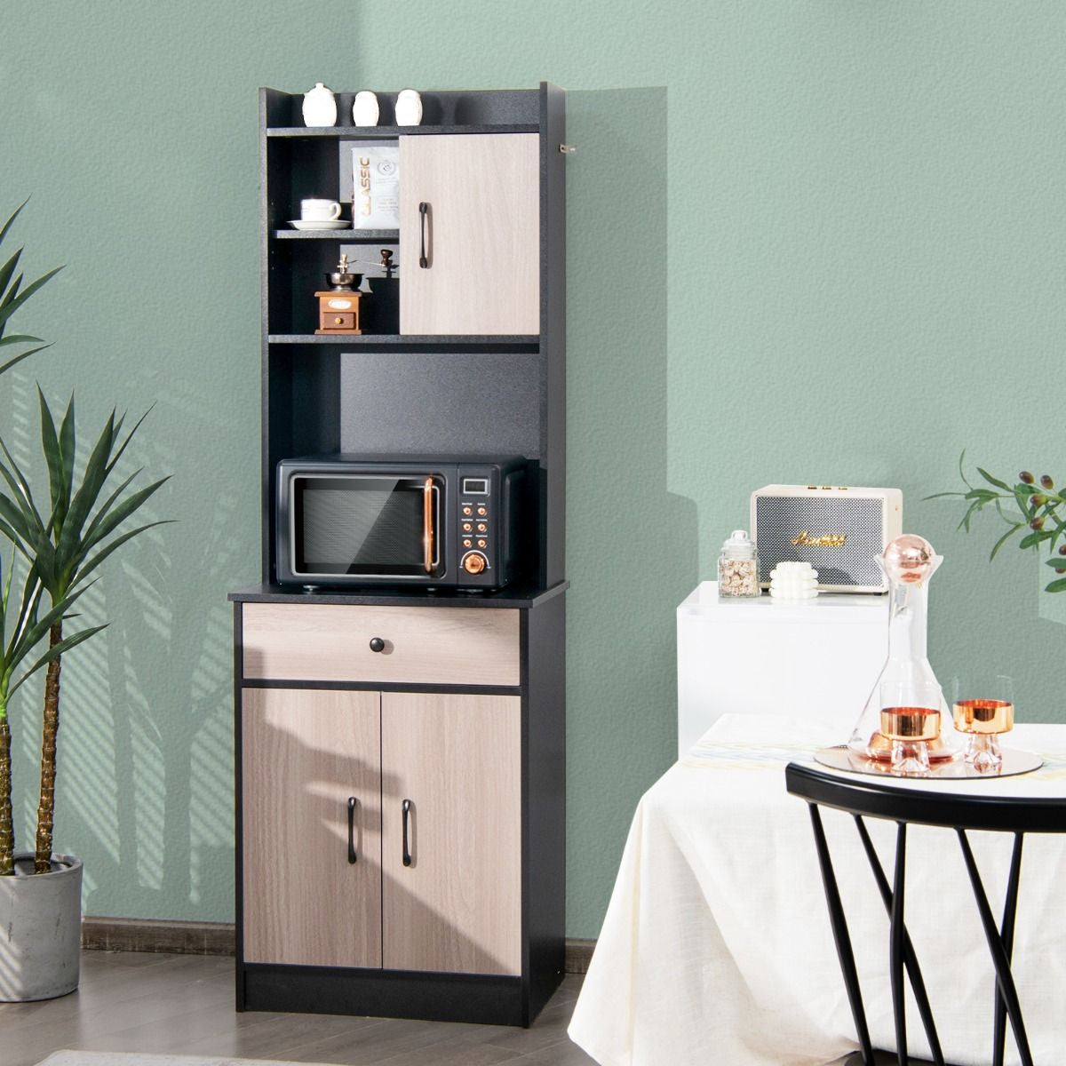 Buffet De Cuisine Meuble Cuisine Rangement Avec 3 Portes Et 1 Niche De Rangement Passe-Câble 60 X 40 X 180 CM Noir/Blanc