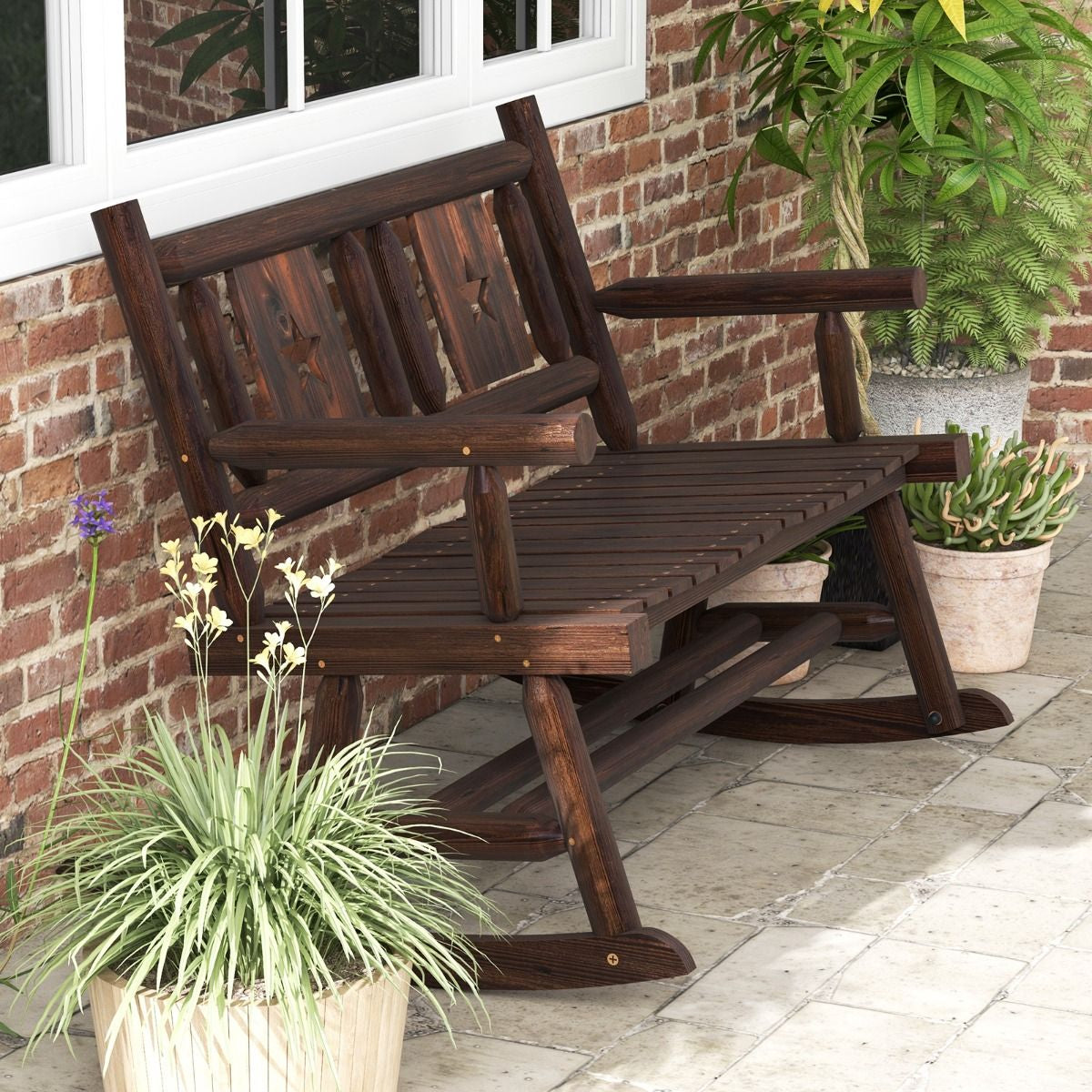 Banc À Bascule De Jardin En Bois Carbonisé 2 Personnes Siège À Lattes Dossier Ergonomique Charge 320KG Terrasse Piscine