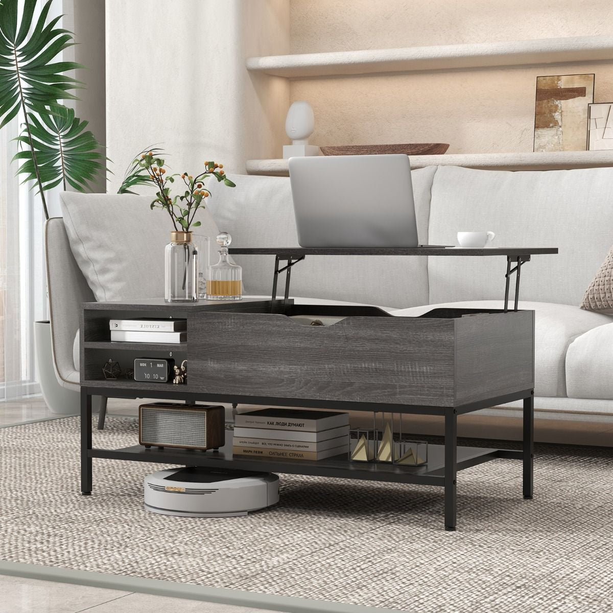 Table Basse À Plateau Relevable Table De Salon Avec Compartiment Caché Et Etagère De Rangement Amovible Table Centrale Rabattable Blanc/Gris