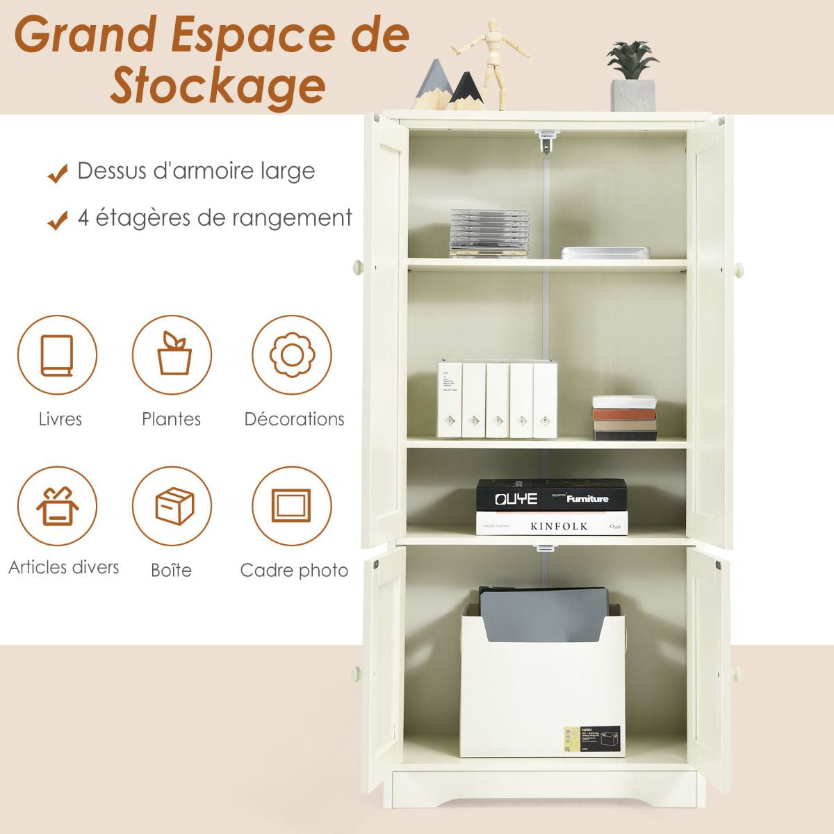 Armoire De Chambre Avec 2 Porte De Style Vintage Avec 2 Etagères Réglables À 5 Positions En MDF Blanc/Noir