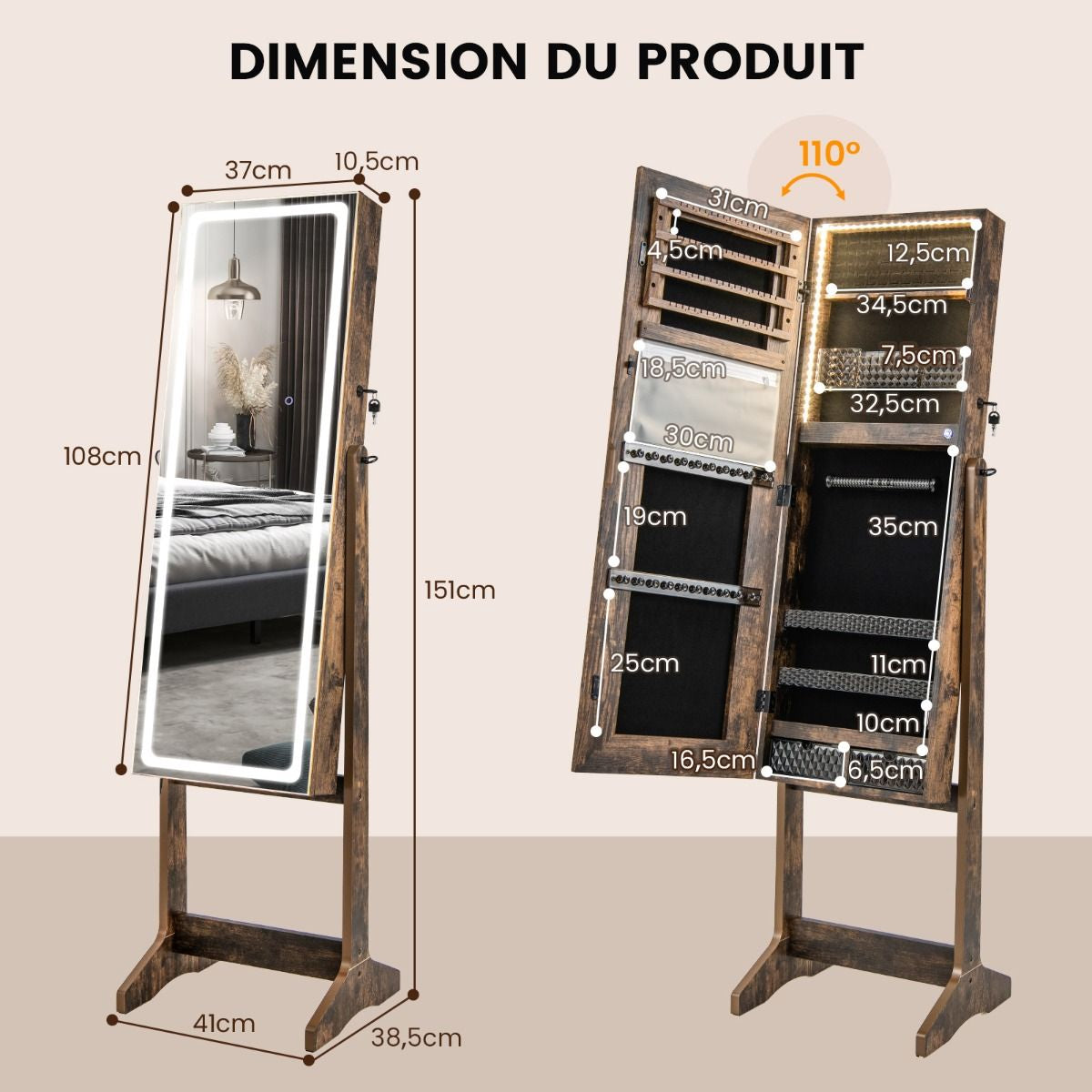 Armoire À Bijoux Sur Pied Avec Lumières LED Armoire Verrouillable Avec Miroir Pleine Longueur Éclairé Blanc/Marron Rustique/Noyer
