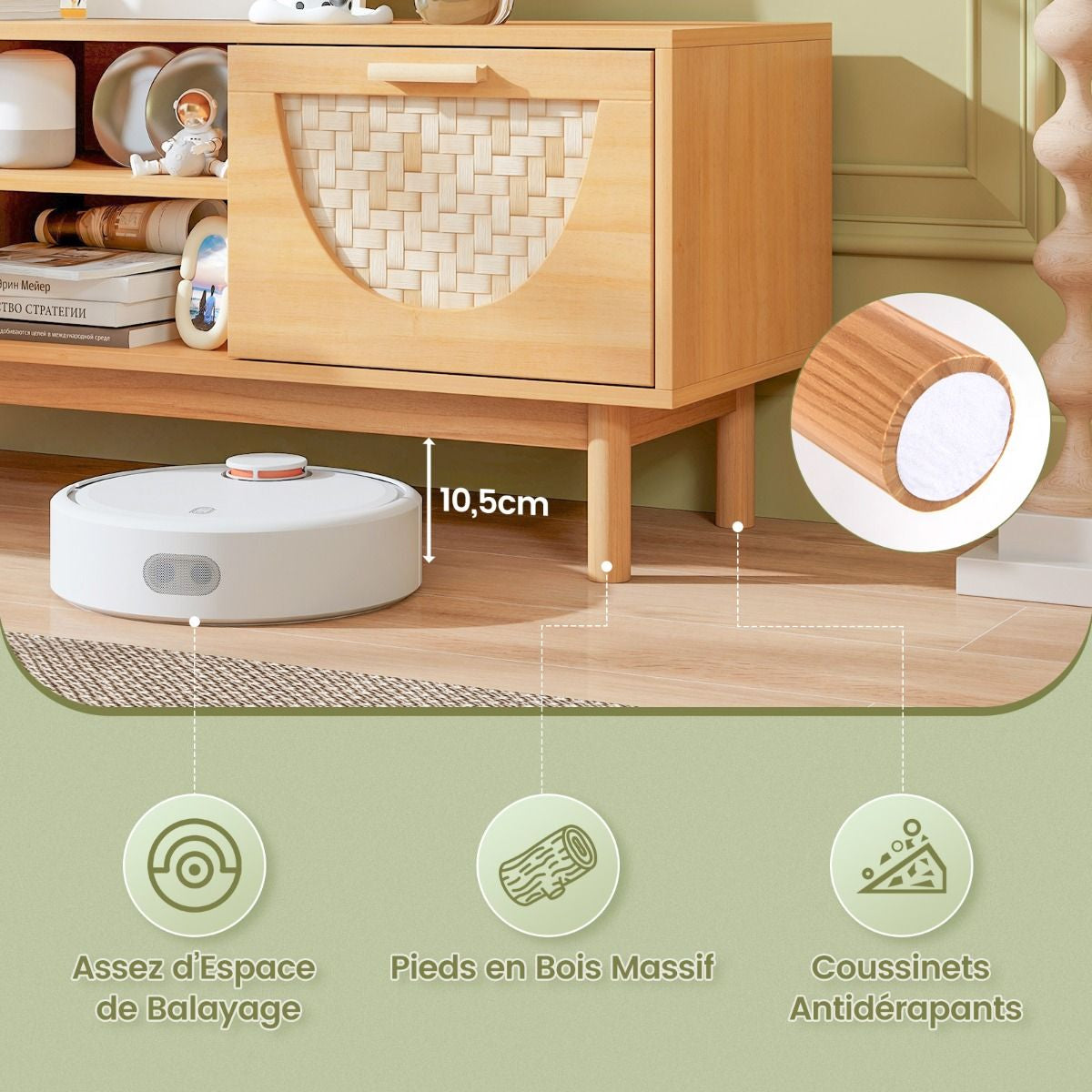 Meuble TV Jusqu'À 55" Table Console Multimédia Moderne Etagères Ouvertes Tiroirs Tissés En Bambou Centre De Divertissement Blanc Et Naturel