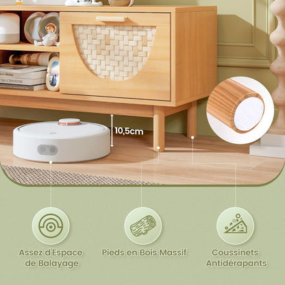 Meuble TV Jusqu'À 55" Table Console Multimédia Moderne Etagères Ouvertes Tiroirs Tissés En Bambou Centre De Divertissement Blanc Et Naturel