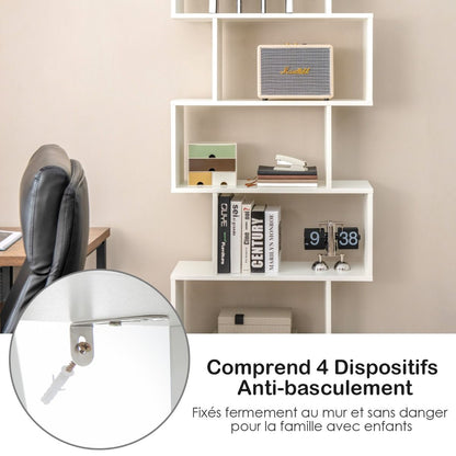 Bibliothèque Étagère Échelle En Bois À 6 Niveaux Avec 2 Portes 70X23X183 Cm Style Moderne Forme En S Marron Rustique/Blanc/Noir