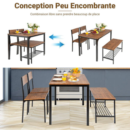 Ensemble Table Et 2 Chaise 1 Banc 4 Personnes Style Industriel Structure En Métal Pour Salle À Manger Restaurant Cuisine Marron/Gris/Café