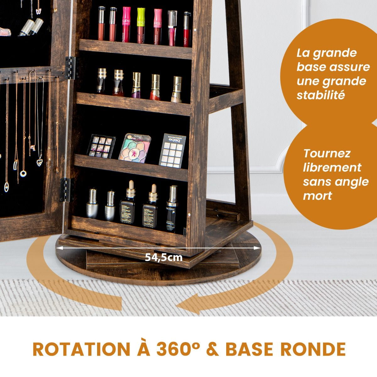 Armoire À Bijoux Pivotante À 360°Avec Lumières LED 3 Couleurs Miroir Pleine Longueur Et Étagère 3 Niveaux En Arrière 10 Couleurs Au Choix