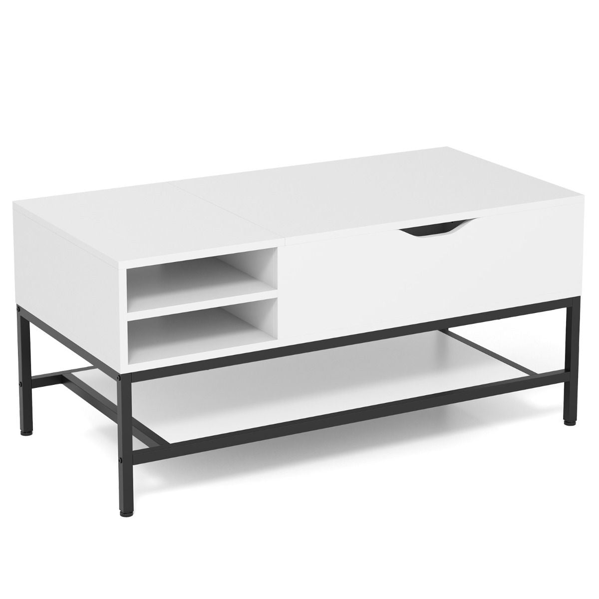 Table Basse À Plateau Relevable Table De Salon Avec Compartiment Caché Et Etagère De Rangement Amovible Table Centrale Rabattable Blanc/Gris