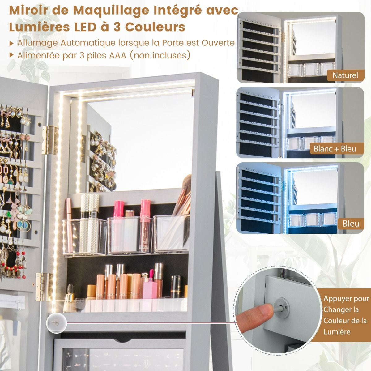 Armoire À Bijoux Pivotante À 360°Avec Lumières LED 3 Couleurs Miroir Pleine Longueur Et Étagère 3 Niveaux En Arrière 10 Couleurs Au Choix