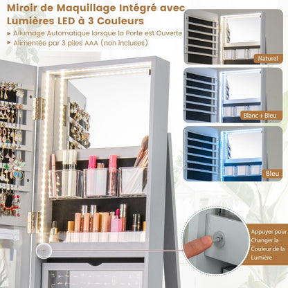 Armoire À Bijoux Pivotante À 360°Avec Lumières LED 3 Couleurs Miroir Pleine Longueur Et Étagère 3 Niveaux En Arrière 10 Couleurs Au Choix