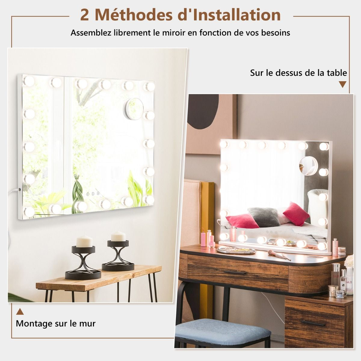 Miroir Maquillage Hollywood-18 Ampoules LED Tactile Grossissement 3X Éclairage Blanc Froid/Chaud/Neutre