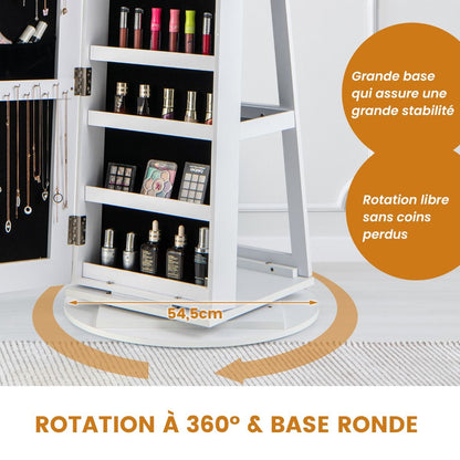 Armoire À Bijoux Pivotante À 360°Avec Lumières LED 3 Couleurs Miroir Pleine Longueur Et Étagère 3 Niveaux En Arrière 10 Couleurs Au Choix