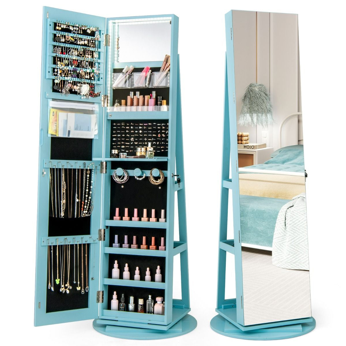 Armoire À Bijoux Pivotante À 360°Avec Lumières LED 3 Couleurs Miroir Pleine Longueur Et Étagère 3 Niveaux En Arrière 10 Couleurs Au Choix