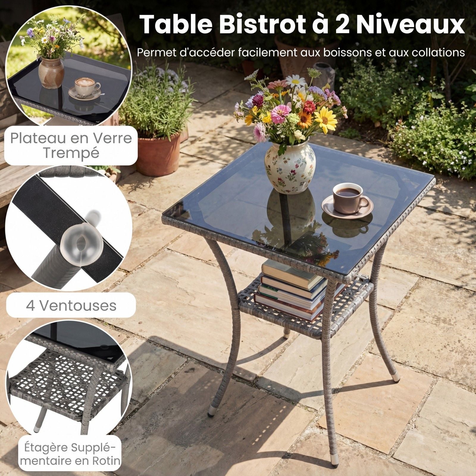 Salon De Jardin En Résine Tressée Table Et 2 Chaises Avec Coussins Et 2 Oreillers Pour Jardin Terrasse Balcon Beige/Gris