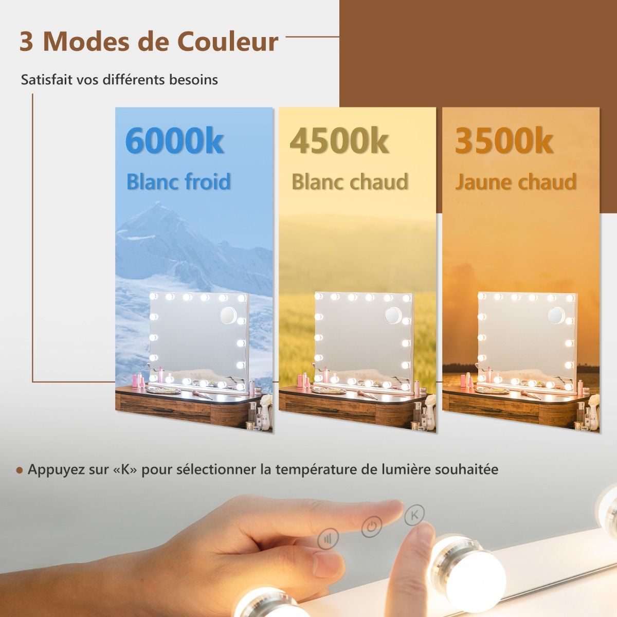 Miroir Maquillage Hollywood-18 Ampoules LED Tactile Grossissement 3X Éclairage Blanc Froid/Chaud/Neutre