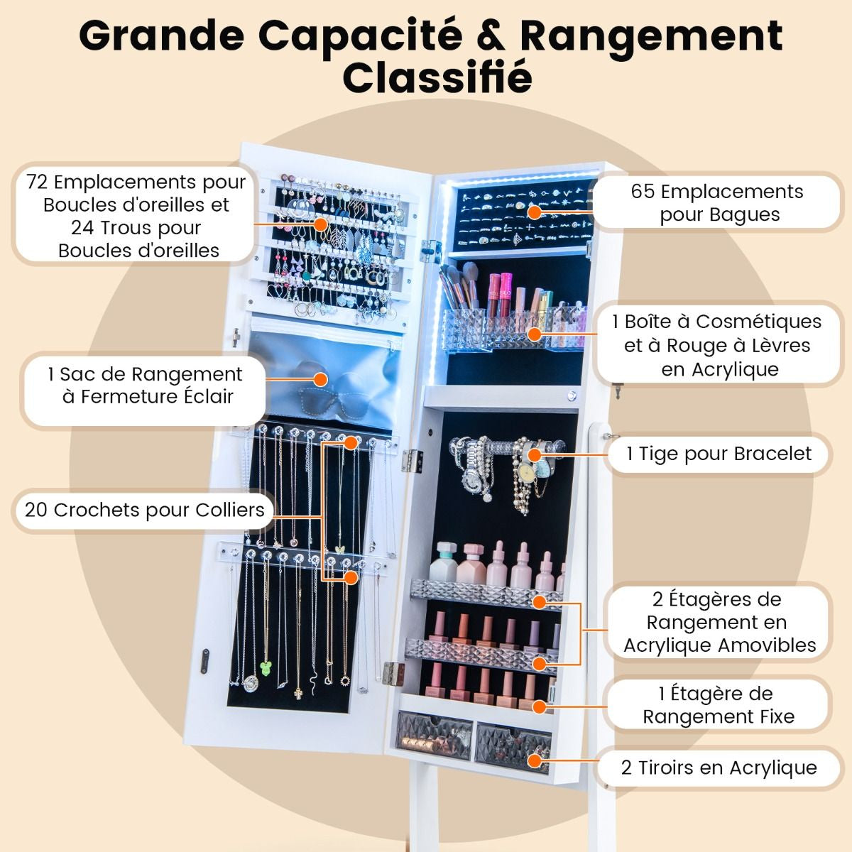 Armoire À Bijoux Sur Pied Avec Lumières LED Armoire Verrouillable Avec Miroir Pleine Longueur Éclairé Blanc/Marron Rustique/Noyer
