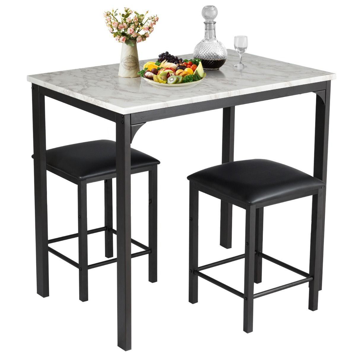 Table Haute Cuisine Avec 2 Tabourets Table Bar Cuisine Cadre En Métal Mange-Debout Industriel Pour Bistro Salle À Manger Cuisine Blanc/Café/Noir