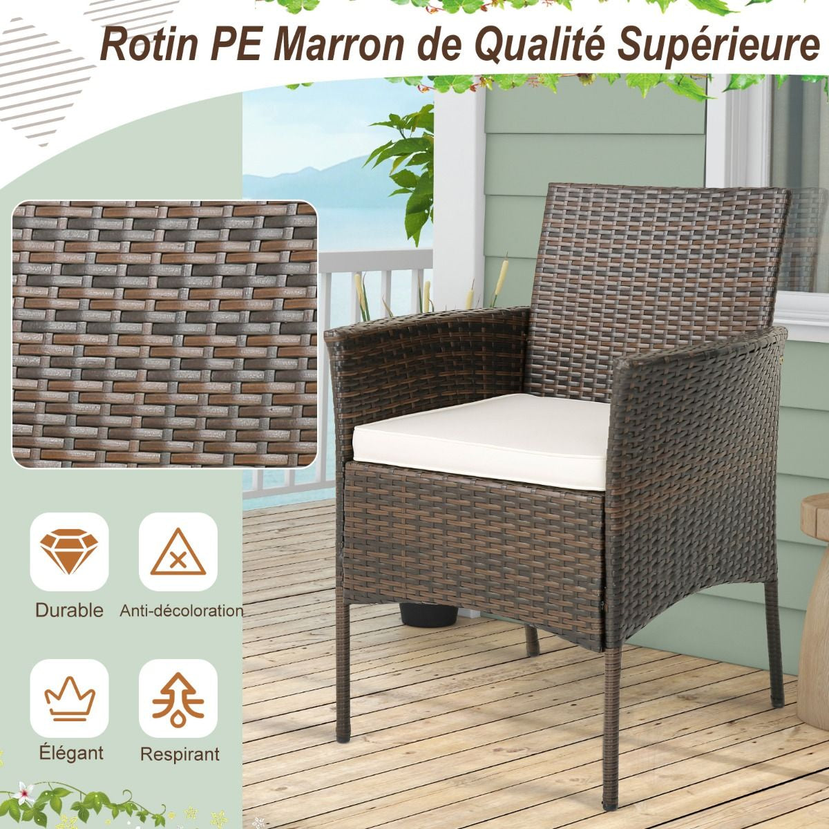 Ensemble De 4 Chaises De Jardin En Rotin Chaises En Rotin PE Avec Coussins Moelleux Cadre Métallique Robuste Accoudoirs Incurvés