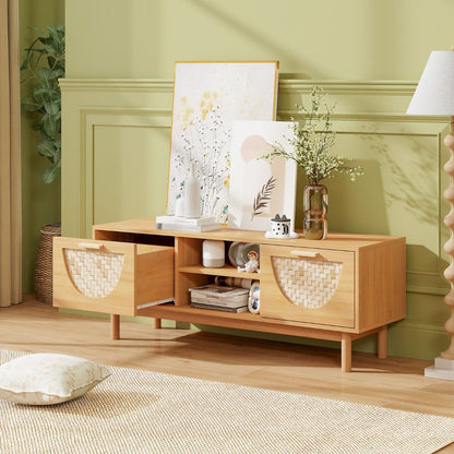 Meuble TV Jusqu'À 55" Table Console Multimédia Moderne Etagères Ouvertes Tiroirs Tissés En Bambou Centre De Divertissement Blanc Et Naturel