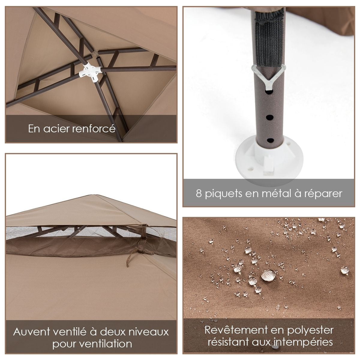 Tente De Réception Tonnelle De Jardin Imperméable Double Toits Moustiquaire Protection UV 50+ Imperméable 3X3M Pour Terrasse Jardin Brun/Beige