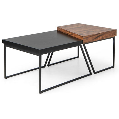 Lot De 2 Tables Basses Gigognes Avec Cadre Métal, Tables D'Appoint Style Industriel Avec 8 Pieds Antidérapants Réglables Noir+Marron