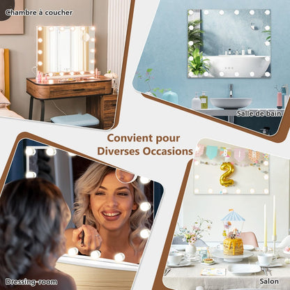 Miroir Maquillage Hollywood-18 Ampoules LED Tactile Grossissement 3X Éclairage Blanc Froid/Chaud/Neutre