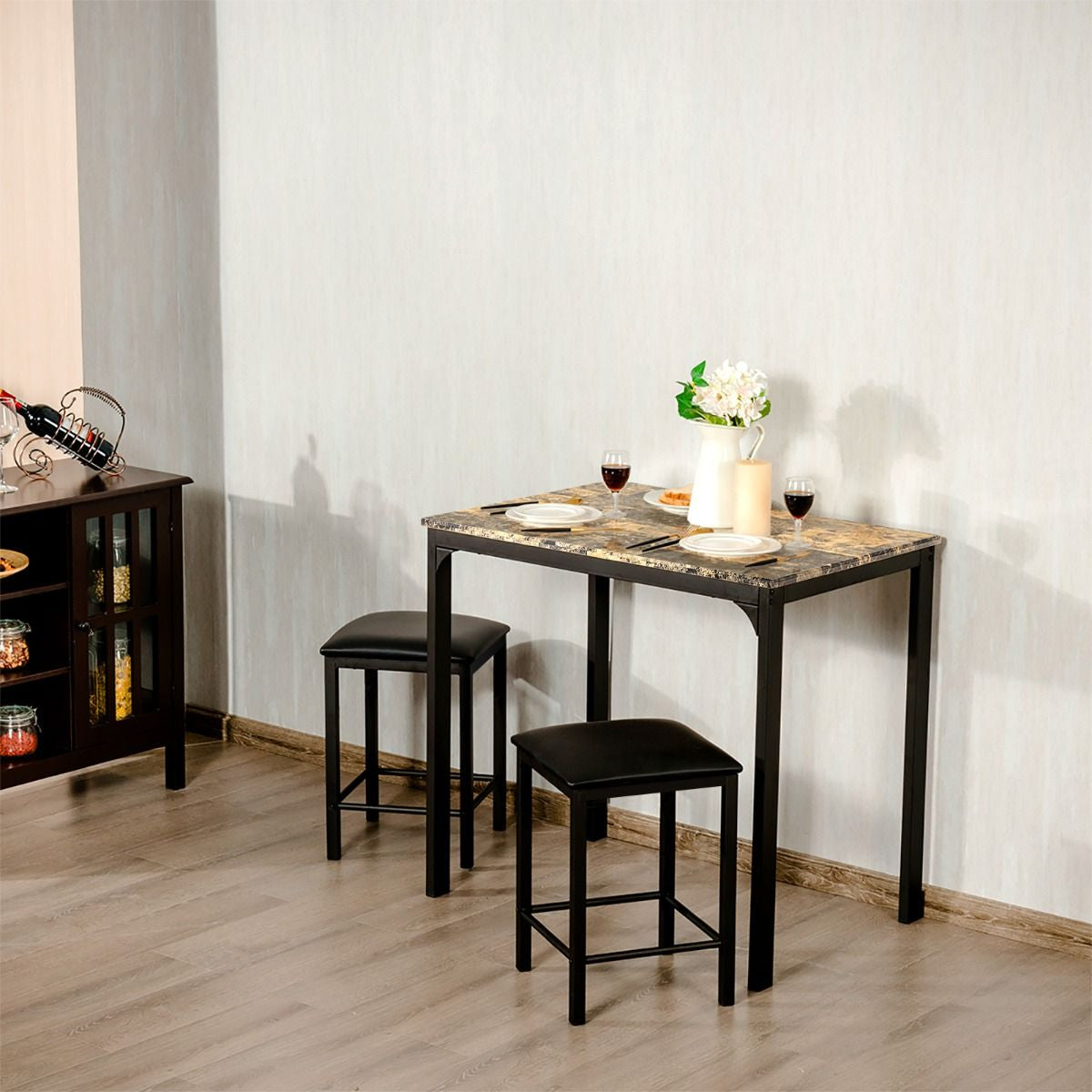 Table Haute Cuisine Avec 2 Tabourets Table Bar Cuisine Cadre En Métal Mange-Debout Industriel Pour Bistro Salle À Manger Cuisine Blanc/Café/Noir