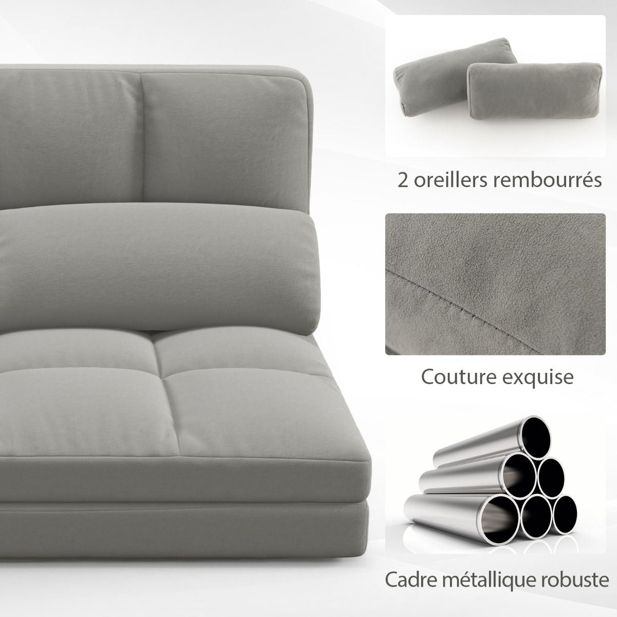 Canapé Lit Convertible En Velours Pliable Dossier Réglable À 6 Niveaux Avec 2 Coussins Gris Clair/Gris Foncé