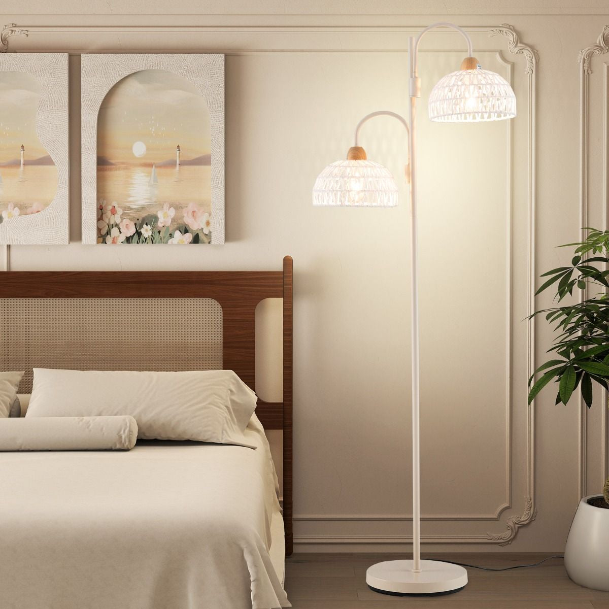 Lampadaire À 2 Lampes Lampe Arbre Rotative À 350° Avec Interrupteur Au Pied Abat-Jours Tissés Et 2 Bases D'Ampoules E27 Base Lourde Blanc
