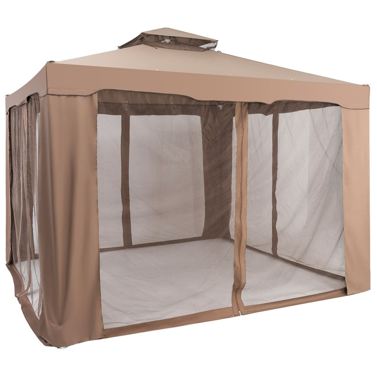 Tente De Réception Tonnelle De Jardin Imperméable Double Toits Moustiquaire Protection UV 50+ Imperméable 3X3M Pour Terrasse Jardin Brun/Beige