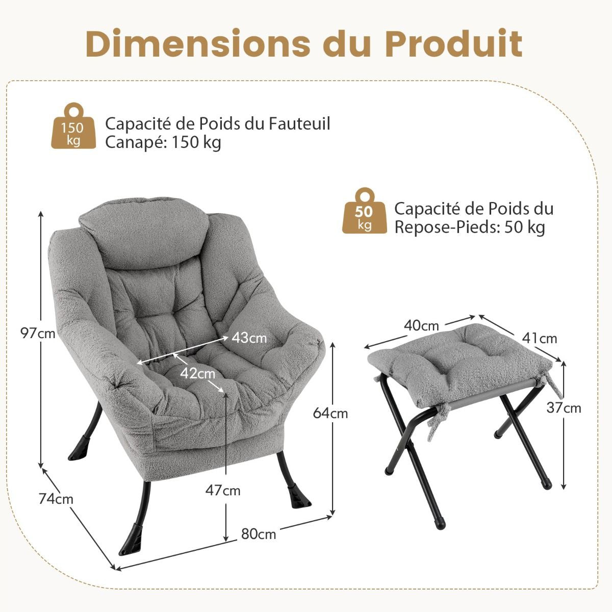 Chaise Paresseuse Avec Ottoman Fauteuil De Loisirs Rembourré Sherpa Moderne Avec Repose-Pied Pliable Coussin De Tête Beige/Gris/Rose