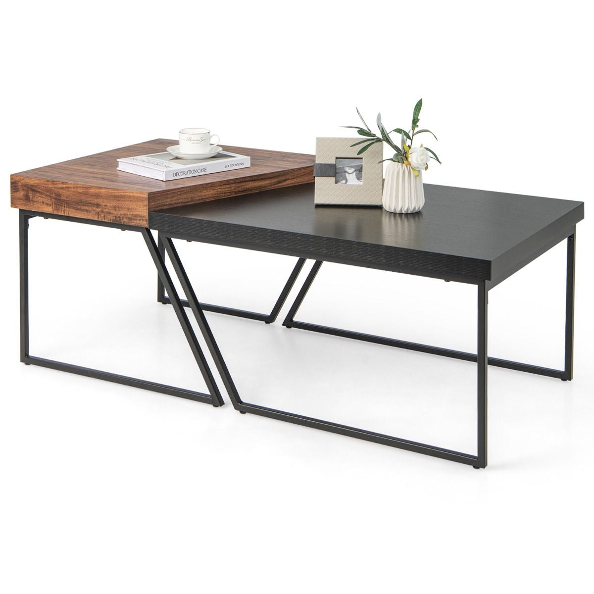 Lot De 2 Tables Basses Gigognes Avec Cadre Métal, Tables D'Appoint Style Industriel Avec 8 Pieds Antidérapants Réglables Noir+Marron