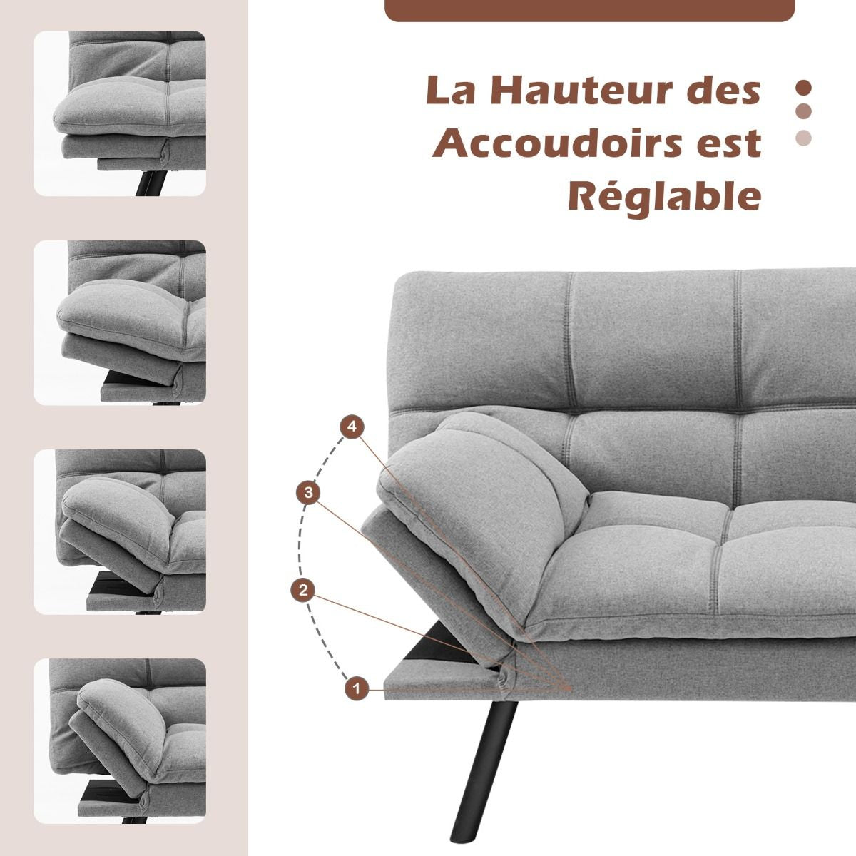 Canapé-Lit Futon Convertible En Mousse À Mémoire De Forme Avec Dossier Et Accoudoirs Réglables Canapé-Lit Futon Moderne Gris/Noir/Brun