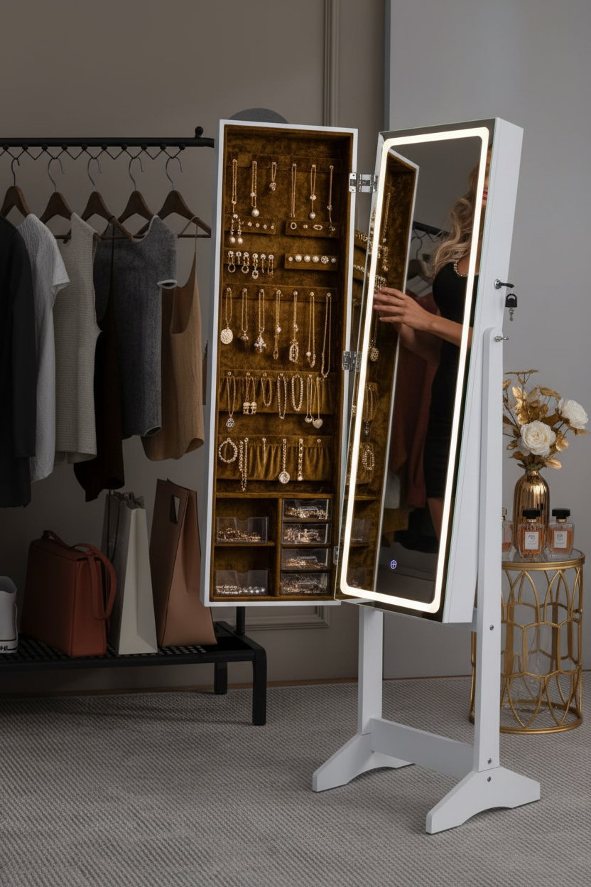Armoire à Bijoux Sur Pied LED Miroir Pleine Longueur Luxe Fériona