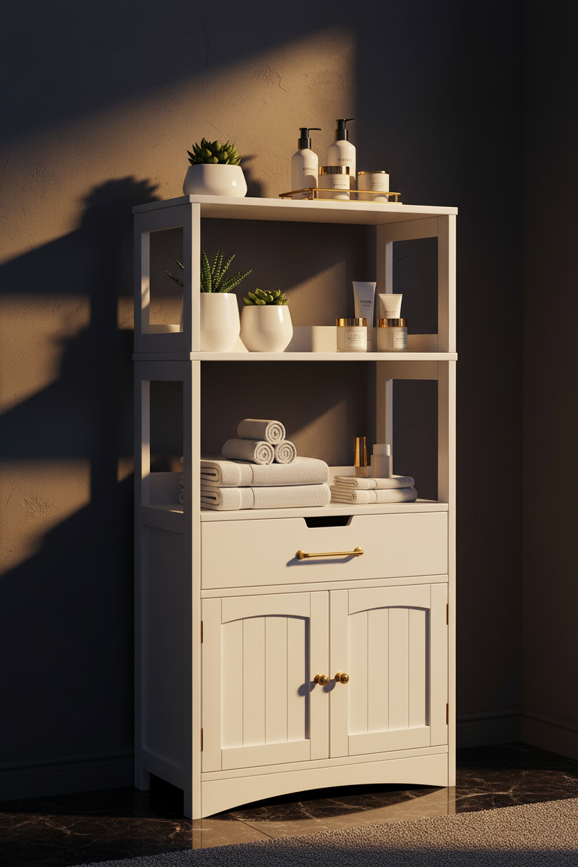 Armoire Salle de Bain 2 Portes 1 Tiroir 3 Étagères Blanc Luxe Fériona