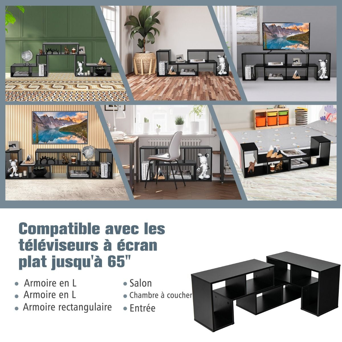 Meuble TV 3 Pièces 134-180X30X43Cm Combination Libre Pour Télévision Jusqu’À 49 Pouces Pour Salon Chambre Bureau En MDF Noir/Blanc/Café/Gris