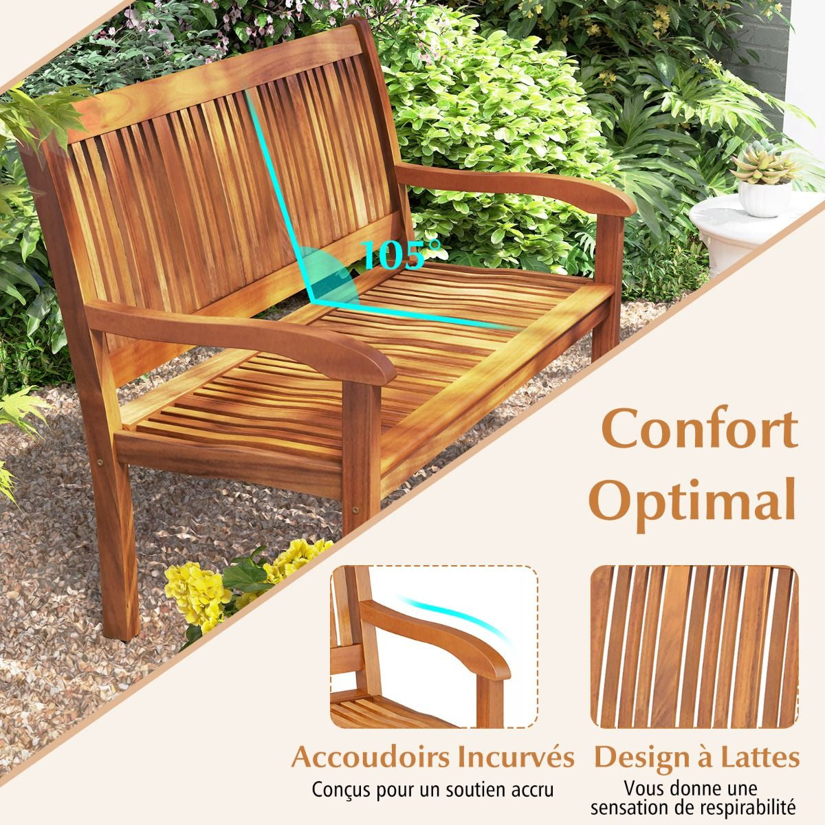Banc De Jardin En Bois Avec Dossier Et Accoudoir Large Idéal Pour Balcon Jardin Bord De Piscine Etc.