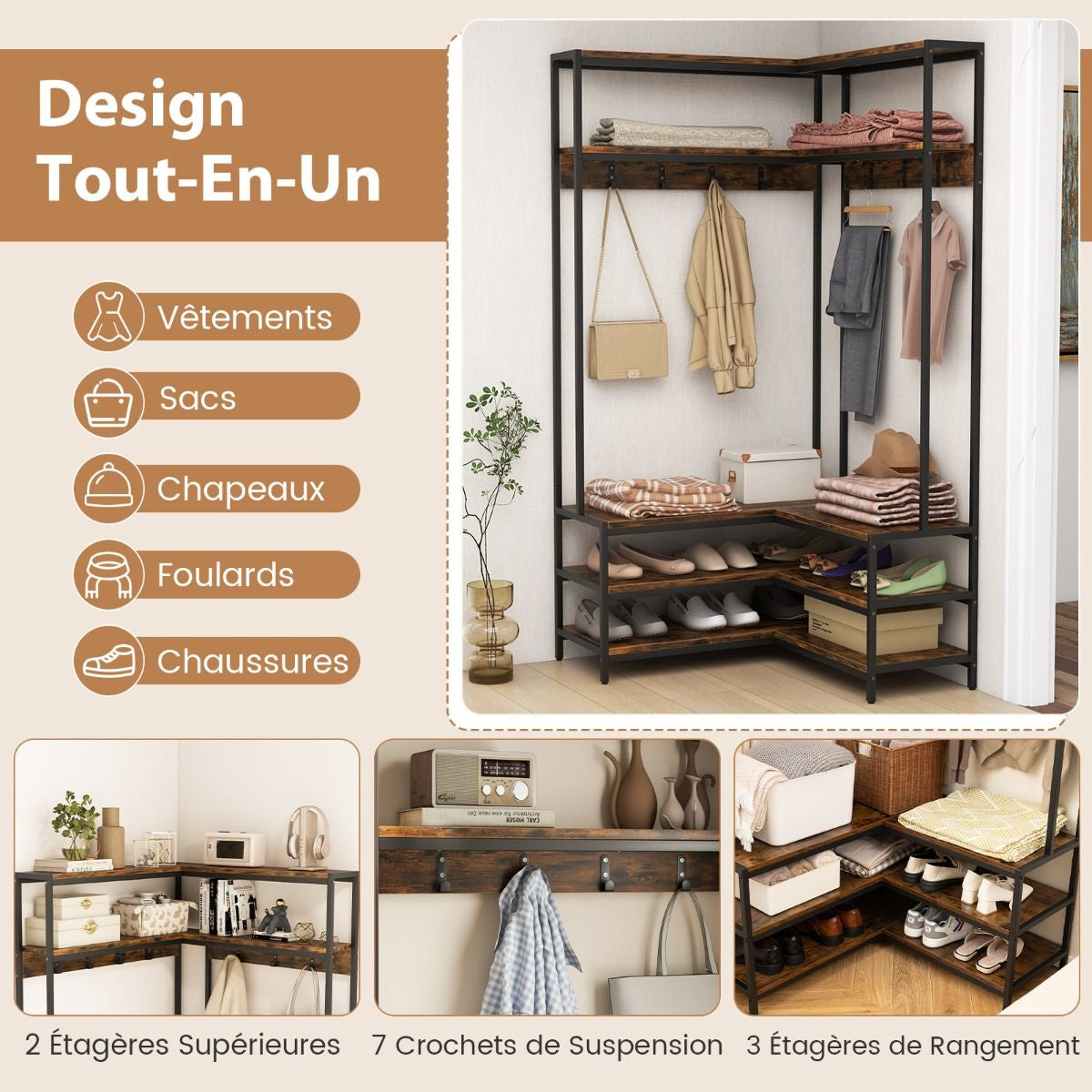 Porte-Vêtements D'Angle Etagères Ouvertes 7 Crochets Banc À Chaussures Cadre En Métal Massif Patins Réglables Marron Rustique/Noyer/Blanc