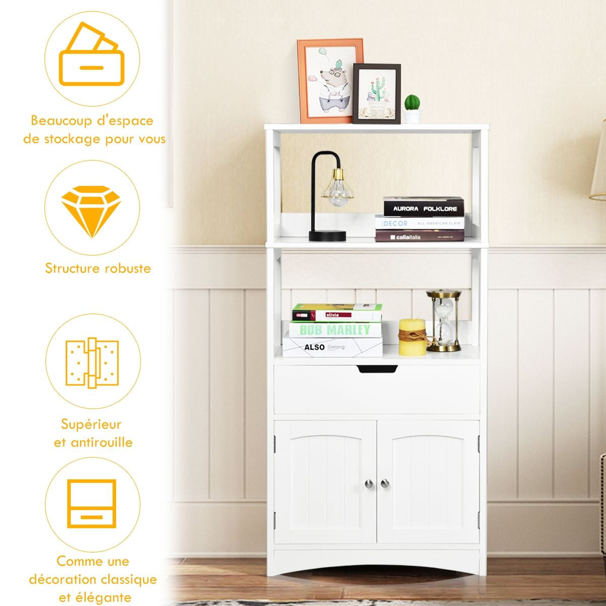 Armoire De Salle De Bain Avec 2 Portes 1 Tiroir 3 Etagères Ouvertes Capacité 70 Kg En Mdf 32,5X60X122Cm Blanc/Noir/Gris