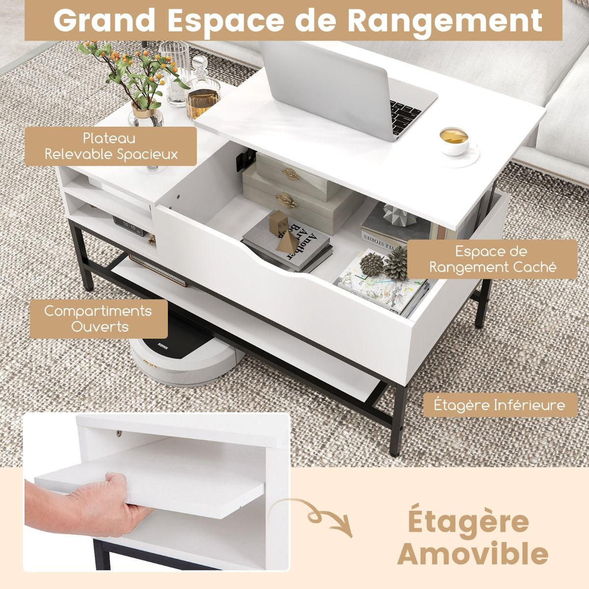 Table Basse À Plateau Relevable Table De Salon Avec Compartiment Caché Et Etagère De Rangement Amovible Table Centrale Rabattable Blanc/Gris