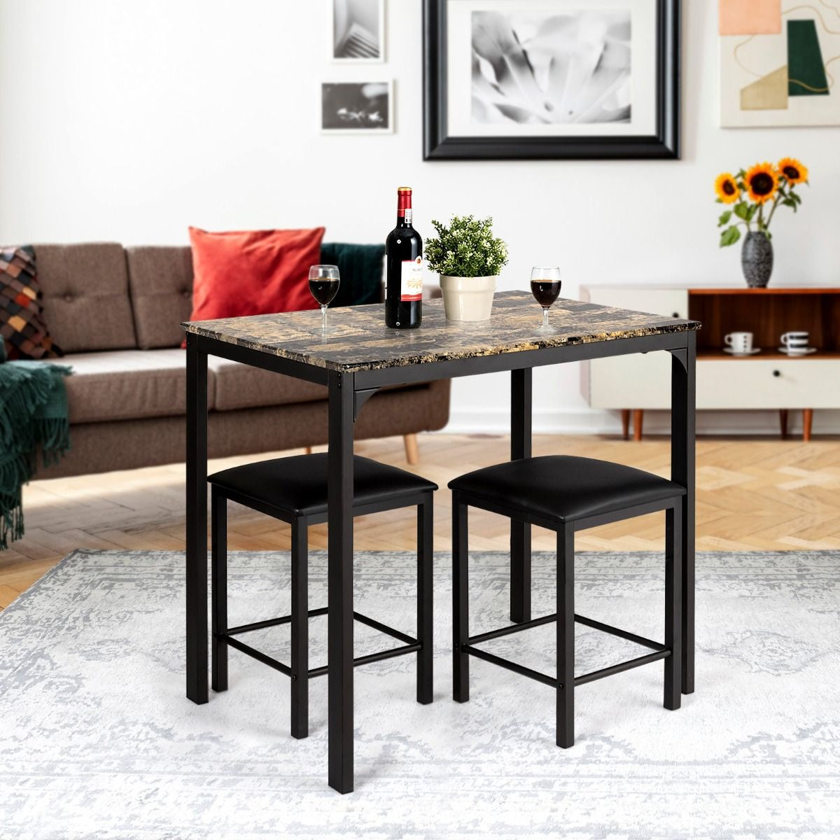 Table Haute Cuisine Avec 2 Tabourets Table Bar Cuisine Cadre En Métal Mange-Debout Industriel Pour Bistro Salle À Manger Cuisine Blanc/Café/Noir